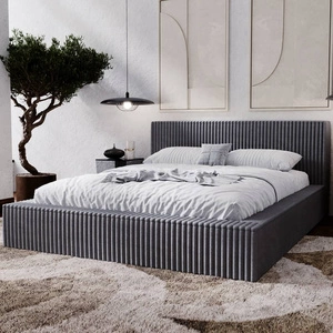 Łóżko tapicerowane Tilo 160x200 szare nowoczesny design łóżko z pojemnikiem na pościel z komfortowym zagłówkiem tkanina z wyrazistymi prążkami