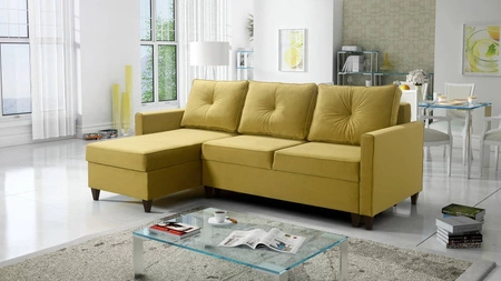 Narożnik z funkcją spania Terni oliwkowy lewostronny praktyczny i funkcjonalny narożnik wyposażony w pojemne pojemniki na pościel