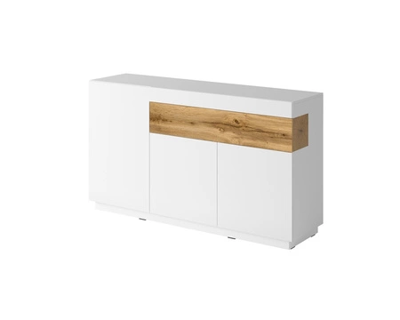 Komoda z szufladami Silke 150 cm biała / biały połysk / dąb wotan designerska komoda bezuchwytowy system otwierania drzwi i szuflad