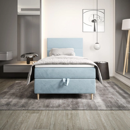 Łóżko kontynentalne Bing 100x200 błękitne w nowoczesnym skandynawskim stylu z tapicerowanym zagłówkiem łóżko z pojemnikiem