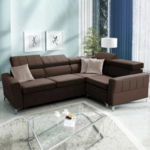 Narożnik z funkcją spania Rava II brązowy prawostronny velvet komfortowy narożnik z pojemnikiem na pościel wielofunkcyjna lampka