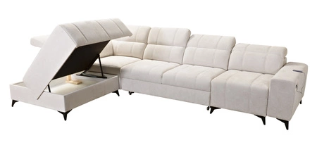 Narożnik z funkcją spania Penejos XI ciemny beżowy lewostronny wygodny narożnik z regulowanymi zagłówkami i dwoma pojemnikami na pościel