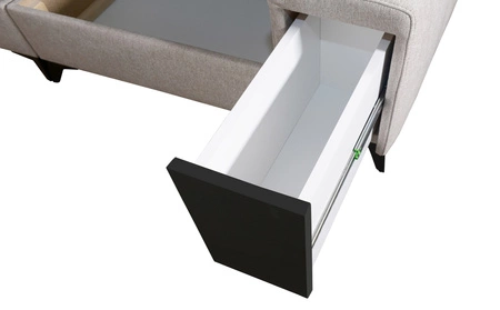 Narożnik z funkcją spania Bolmso XII brązowy lewostronny nowoczesny design narożnik zapewnia komfort obszerne pojemniki na pościel