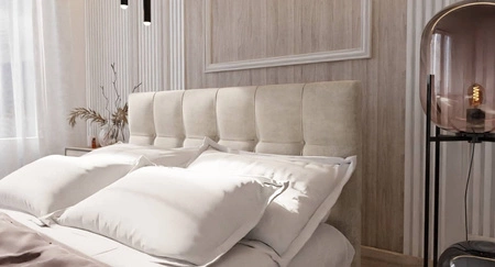 Łóżko kontynentalne Harmony 160x200 beżowy w nowoczesnym skandynawskim stylu z wezgłowiem wykończonym ozdobnymi guzikami