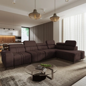 Narożnik z funkcją spania Castel XI brązowy prawostronny komfortowy narożnik z pojemnikiem na pościel wytrzymała tkanina