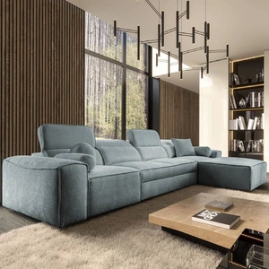 Narożnik z funkcją spania Viano XII szary błękit prawostronny narożnik o ciekawym kształcie regulowane zagłówki ozdobne poduszki