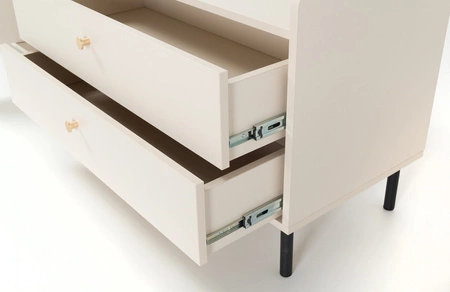 Regał Ferdi 104 cm beż piaskowy ciekawy design stylowy regał z szufladami i zamykaną szafką wysokie ranty blatu