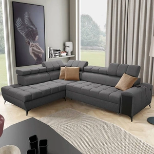 Narożnik z funkcją spania Bolmso VII grafitowy lewostronny niezwykle elegancki narożnik do salonu z szufladą i pojemnikiem na pościel