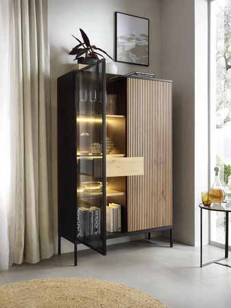 Witryna Amma 104 cm czarny / dąb wotan witryna z szufladą nowoczesna forma stylowe wykończenie salonu system push to open