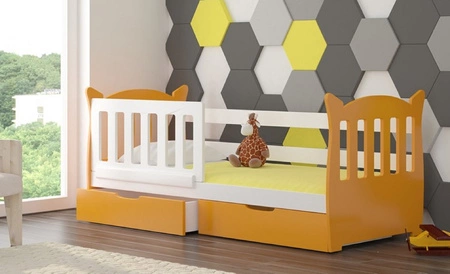 Łóżko Lena 75x160 cm pomarańczowy / biały komfortowe łóżko z materacem do pokoju dziecięcego wyposażone w barierkę ochronną i szuflady