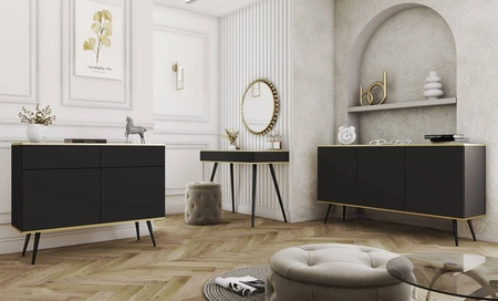 Komoda z szufladami Luxury 107 cm czarna nowoczesny design komody do salonu korpus zwieńczony złotą listwą wysokie metalowe nogi