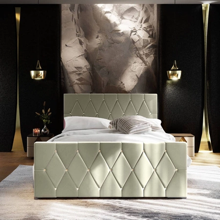 Łóżko tapicerowane Tifton 180x200 beżowe z pojemnikiem w nowoczesnym stylu z charakterystycznym wezgłowiem oraz z zanóżkiem wykończone kryształkami