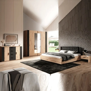 Zestaw mebli do sypialni Sigma dąb artisan / czarny idealne nowoczesne meble do sypialni łóżko z tapicerowanym zagłówkiem