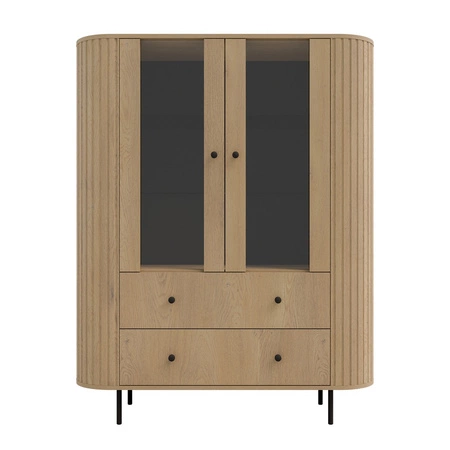 Witryna Ovalio 123 cm dąb cremona designerska witryna do salonu o owalnym kształcie z dekoracyjnymi frezowaniami pojemne szuflady