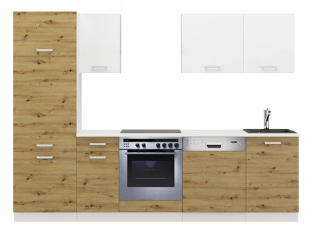 Zestaw mebli kuchennych z blatem Toni 270 cm biały / dąb artisan komplet kuchenny doskonale prezentuje się w klasycznych wnętrzach