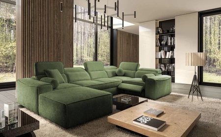 Narożnik z funkcją spania Viano IV Lux zielony lewostronny designerski narożnik z wysuwanym podnóżkiem duży pojemnik na pościel