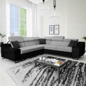 Narożnik z funkcją spania Alcamo III siwy / czarny lewostronny funkcjonalny narożnik z szufladą w boczku dwa pojemniki na pościel