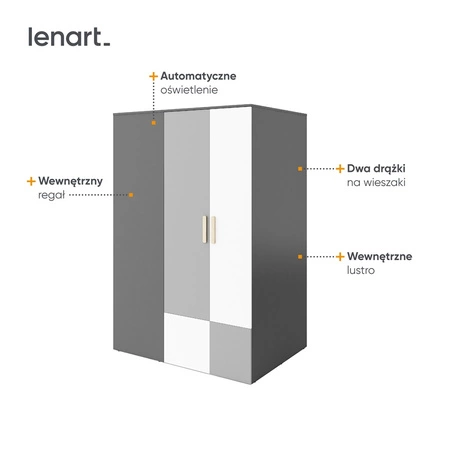 Szafa narożna Pok grafit / szary / biały / buk ibsen prawa garderoba do pokoju młodzieżowego z wewnętrznym oświetleniem i lustrem
