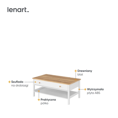 Stolik kawowy Story 110 cm biały / dąb nash praktyczny stolik z dodatkową półką i głęboką szufladą do pokoju młodzieżowego