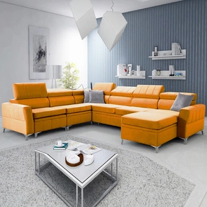 Narożnik z funkcją spania Rava VII żółty prawostronny praktyczny i nowoczesny narożnik do salonu z regulowanymi zagłówkami