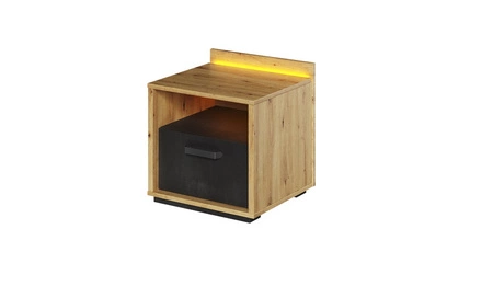 Zestaw mebli Qubic dąb artisan / raw steel / silk flou modny zestaw mebli o oryginalnym designie bryły z subtelnym oświetleniem LED