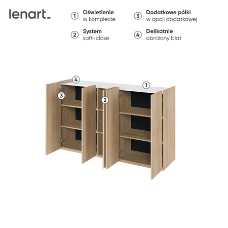 Komoda Easy 156 cm dąb scandi / biały połysk stylowa komoda doda elegancji i nowoczesności subtelne oświetlenie ledowe w zestawie