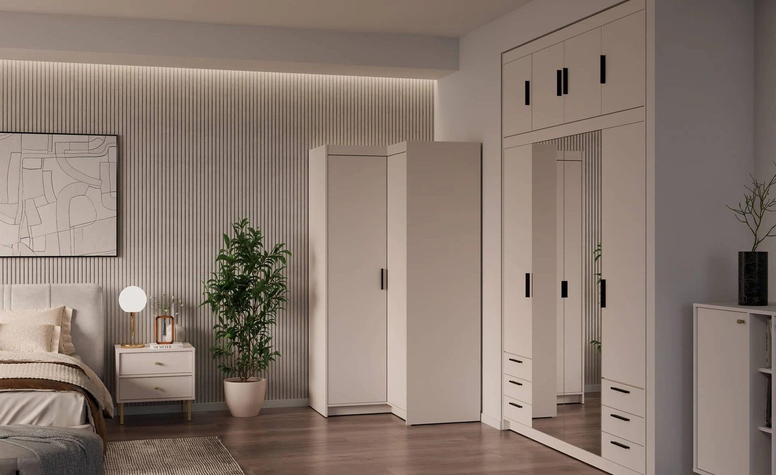 Szafa narożna Rene w kolorze beż piaskowy Szafy naroże do sypialni Szafy modułowe