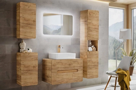 Słupek łazienkowy wiszący Aruba 35 cm dąb craft złoty nowoczesny design szafki do łazienki ciekawy zaoblony kształt bryły