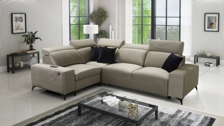 Narożnik z funkcją spania Kelly Sleek II szary beż lewostronny elegancki narożnik do salonu wykonany z miękkiej tkaniny typu velvet