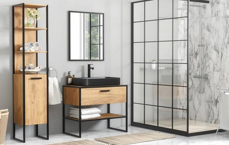 Szafka pod umywalkę nablatową Brooklin 90 cm dąb craft złoty funkcjonalna szafka do łazienki w stylu industrialnym z szufladą i półką