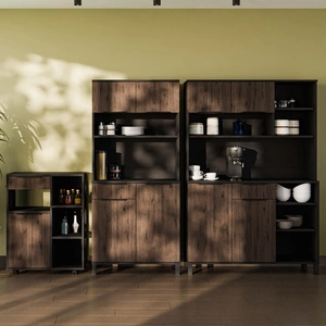 Zestaw mebli kuchennych Brianza 270 cm czarny / orzech okapi zestaw z szafką na kółkach idealne do aranżacji małego aneksu kuchennego