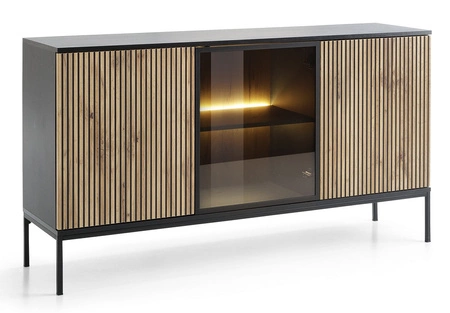 Komoda Amma 154 cm czarny / dąb wotan nietuzinkowy design przeszklony front komody z systemem push to open dekoracyjne lamele