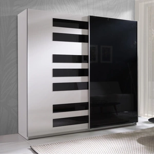 Szafa przesuwna Twister 225 cm z grafiką fortepian biała / czarny połysk nowoczesny design wykończenie ABS oraz aluminiowe prowadnice drzwi