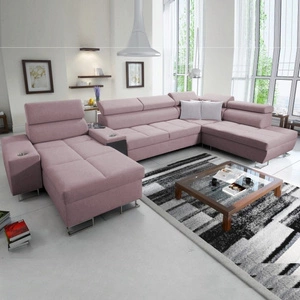 Narożnik z funkcją spania Dafni V lawendowy róż lewostronny pleciony wygodny i komfortowy narożnik z regulowanymi zagłówkami