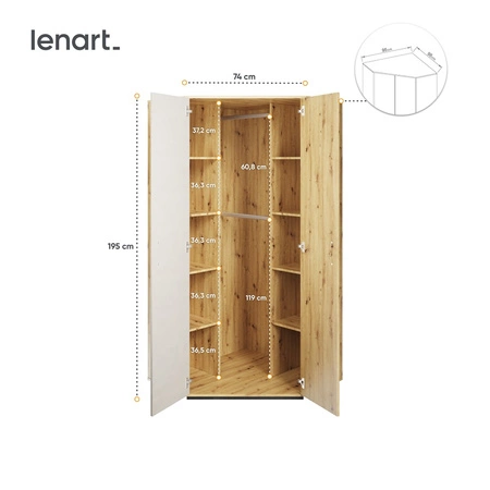 Szafa narożna Qubic dąb artisan / silk flou nowoczesny wygląd szafy z dwoma drążkami na ubrania wiszące ciekawe połączenie barw