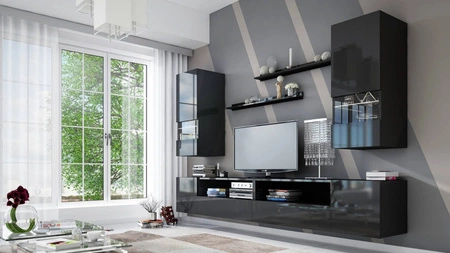 Meblościanka Parga czarna / czarny połysk uniwersalna meblościanka do salonu o lekkiej stylistyce idealnie wkomponuje się w każde wnętrze