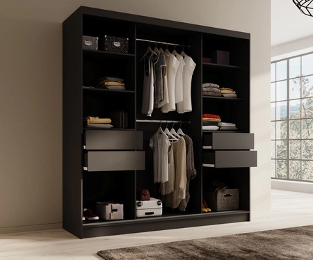 Szafa przesuwna z lustrem Tola 200 cm czarna połączenie nowoczesnego designu z praktycznością szafa z wewnętrznymi szufladami