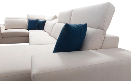 Narożnik z funkcją spania Kelly IV wrzosowy prawostronny velvet komfortowy narożnik regulowane zagłówki bok wykończony lamelami