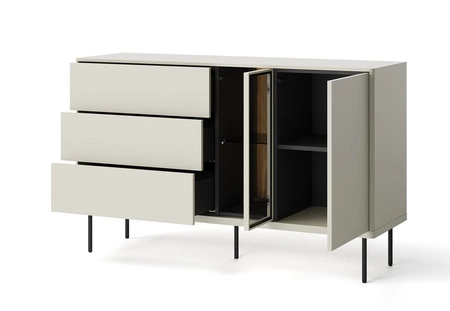 Komoda z szufladami Epiro 134 cm beżowy / dąb ciemny wyjątkowy design komoda z eleganckim przeszklonym frontem i oświetleniem LED