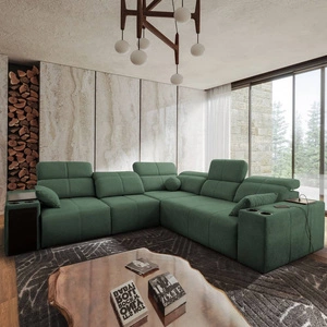 Narożnik z funkcją spania Tesalia III miętowy lewostronny komfortowy narożnik z przesuwanym oparciem dwa pojemniki na pościel