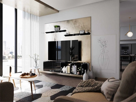 Szafka RTV wisząca Astros 180 cm czarna / czarny połysk z półkami minimalistyczny i elegancki design wpisujący się w każde wnętrze