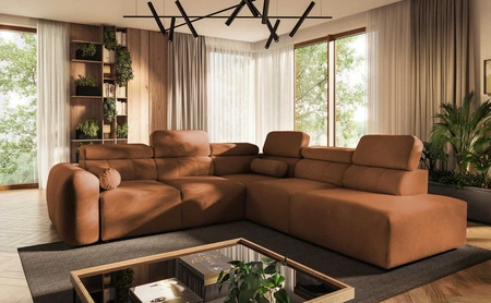 Narożnik z funkcją spania Cantare IX ceglasty prawostronny komfortowy narożnik rozkładany nowoczesny design pluszowa tkanina