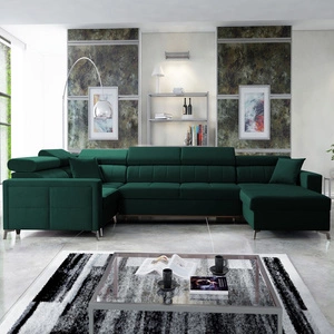 Narożnik z funkcją spania Nausa V butelkowa zieleń prawostronny elegancki narożnik do salonu wykonany z miękkiej tkaniny typu velvet