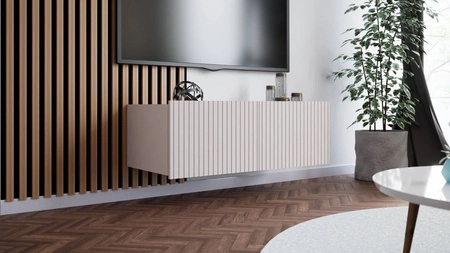 Szafka RTV Colder 100 cm beżowa z możliwością podwieszenia stylowy ryflowany front elegancka forma mebla w nowoczesnym stylu