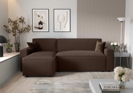 Narożnik z funkcją spania Brandon Bis brązowy lewostronny trójwymiarowa tkanina o wyrazistych prążkach pojemnik na pościel