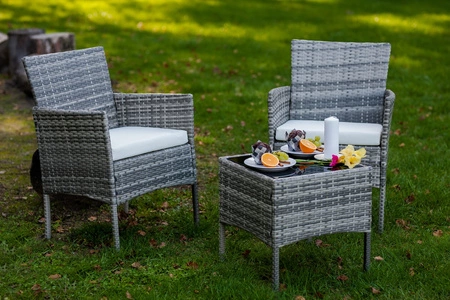 Zestaw mebli ogrodowych Sano szary nowoczesne wzornictwo stylowy design niewielkich wymiarów komplet idealny na balkon