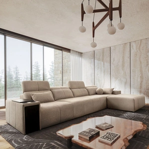 Narożnik z funkcją spania Tesalia XII beżowy prawostronny nowoczesny design komfortowe przesuwane oparcie szuflada w boczku mebla