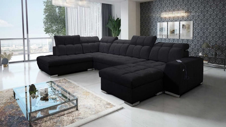 Narożnik z funkcją spania Luigi VI czarny prawostronny stylowy narożnik rozkładany z pojemnikami na pościel pokryty miękką tkaniną