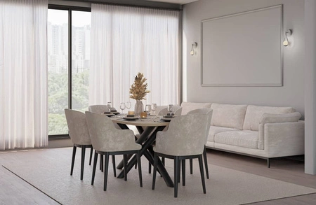 Stół Lyon 90x185 cm dąb lindberg / czarny nowoczesny stół do jadalni osadzony na stylowych nogach typu pająk regulacja wysokości