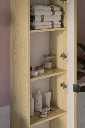 Słupek łazienkowy wiszący Ovalia Cremona 40 cm dąb cremona designerska szafka z wyrazistym ryflowaniem czarny uchwyt krawędziowy